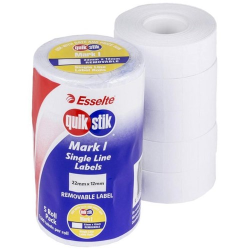 Omax - Esselte QuikStik 48246 Mark I Single Line Removable Labels 22x12mm White, Pack of 5 Rolls