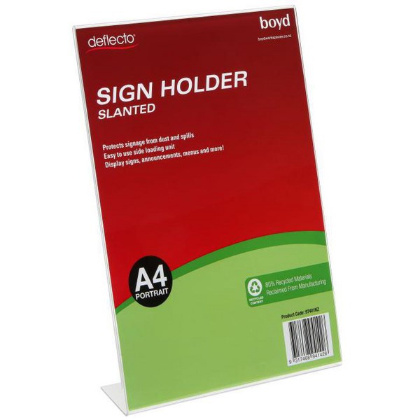Omax - Deflecto L Shaped Slanted Sign Holder A4 Portrait Clear 80% Recycled