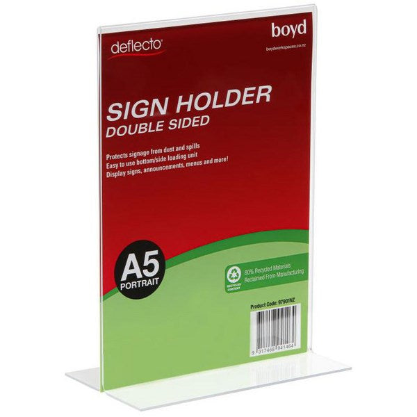 Omax - HOLDER SIGN T SHAPED UPRIGHT A5 PORTRAIT 80% RECYCLED CLEAR