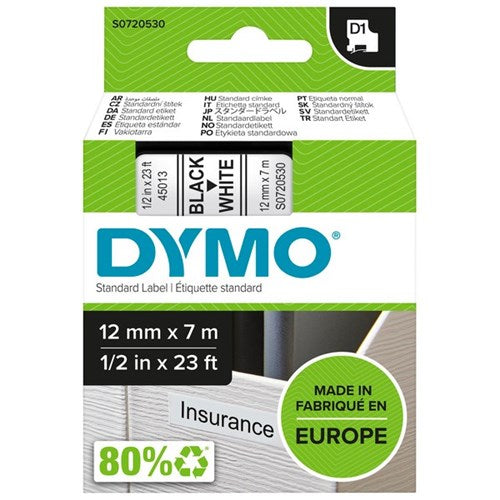 Omax - Dymo D1 Labelling Tape 45013 12mm Black on White