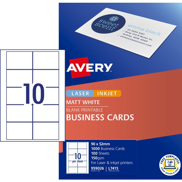 Omax - Avery Laser Inkjet Business Cards L7415 90 x 52mm 10 Per Sheet 1000 Cards