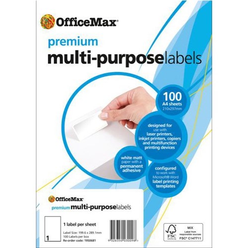 Omax - OfficeMax Premium Multi-Purpose Labels 199.6x289.1mm L7167 White 1 Per Sheet