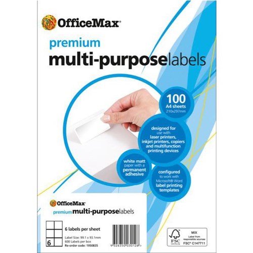 Omax - OfficeMax Premium Multi-Purpose Labels 99.1x93.1mm L7166 White 6 Per Sheet