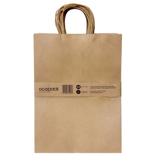 Omax - Ecopack Twisted Handle Paper Bags Large 310 x 110 x 420mm Brown, Pack of 25