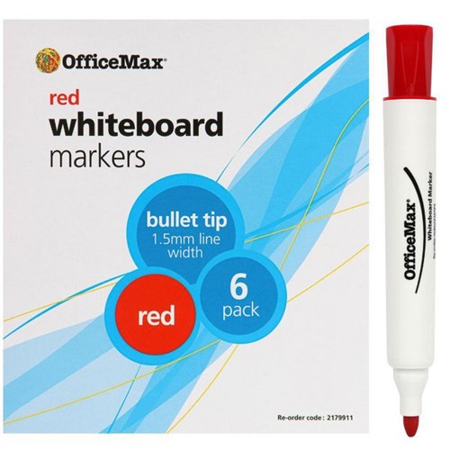 Omax - Whiteboard Markers | Bullet Tip | RED | Unit: Pack of 6