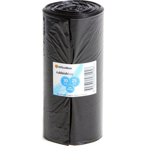 Omax - OfficeMax Rubbish Bags Plastic Black Large 720 x 950mm 30 Micron 70L, Roll of 25