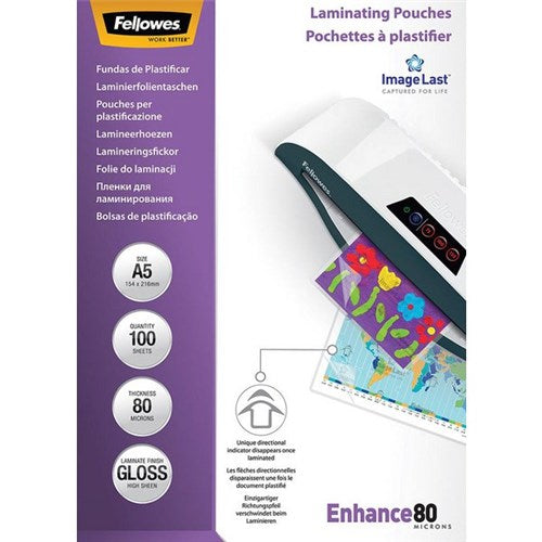 Omax - Fellowes A5 Laminating Pouches Gloss 80 Micron, Pack of 100