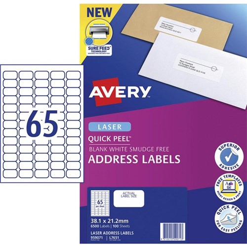 Omax - Avery Quick Peel Address Laser Labels L7651 White 65 Per Sheet 100 Sheets
