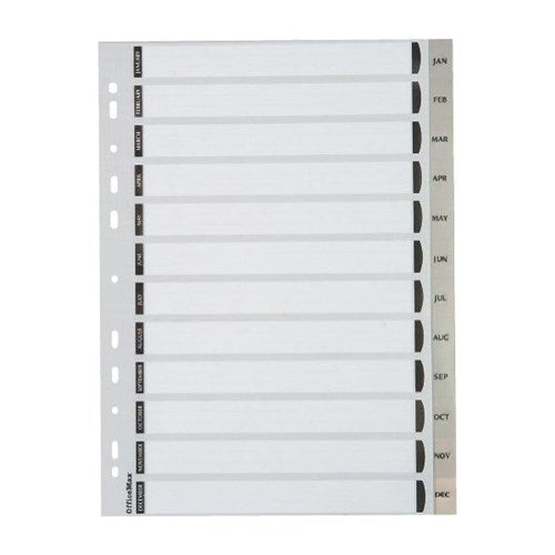 Omax - OfficeMax Index Dividers 12 Tab Jan-Dec A4 Polypropylene Grey