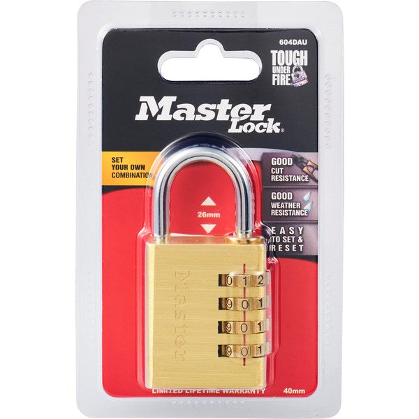 Omax - Masterlock Resettable 4 Digit Combination Brass Body Padlock 40mm