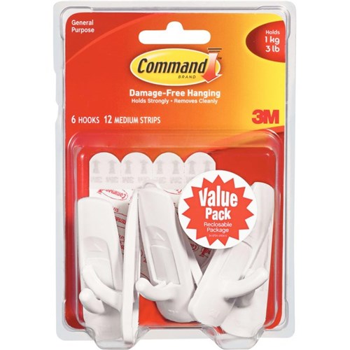 Omax - Command™ Adhesive Hooks Medium 1kg, Pack of 6