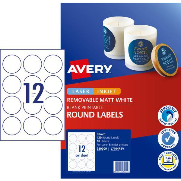Omax - Avery Round Removable Laser Labels L7104REV White 12 Per Sheet