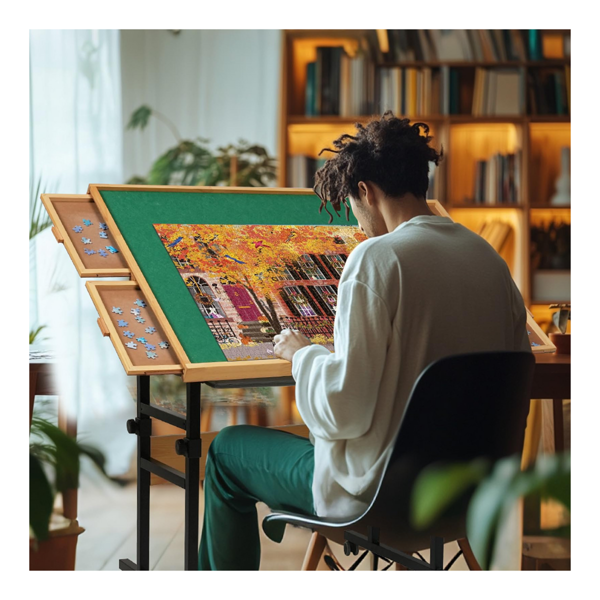 Puzzle Table with Wheels for 1500 Pieces with Drawers and Cover